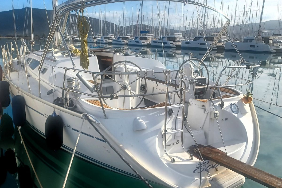 Exterior view of Evina, a Jeanneau Sun Odyssey 40.3 sailboat at Municipal Unit of Lefkada, Greece