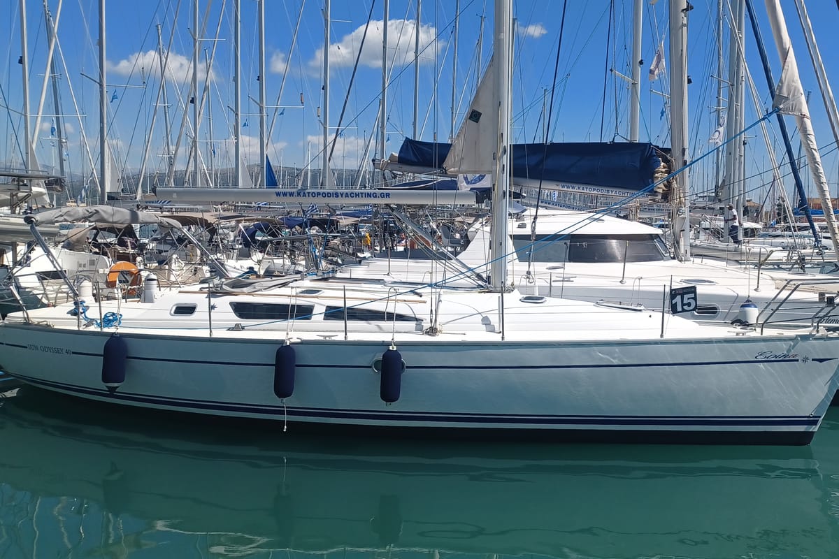 Exterior view of Evina, a Jeanneau Sun Odyssey 40.3 sailboat at Municipal Unit of Lefkada, Greece