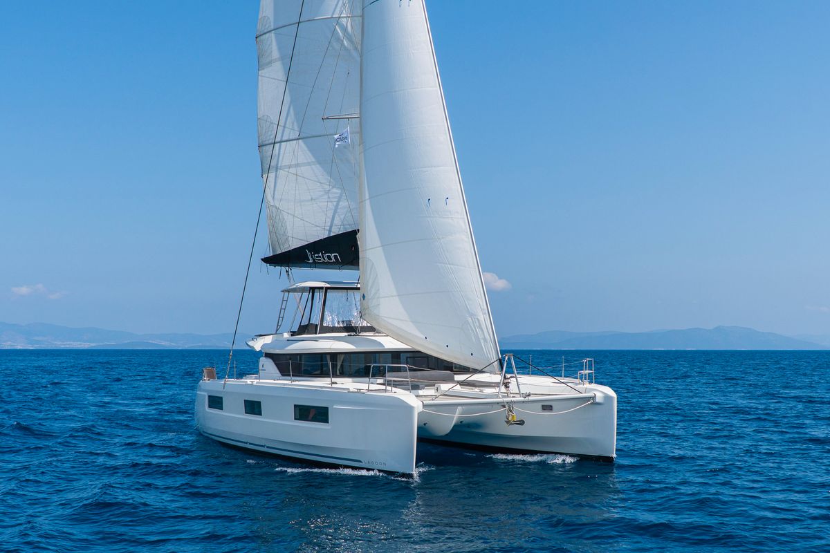 Exterior view of Pegasus, a Lagoon 46 catamaran at Kos, Greece