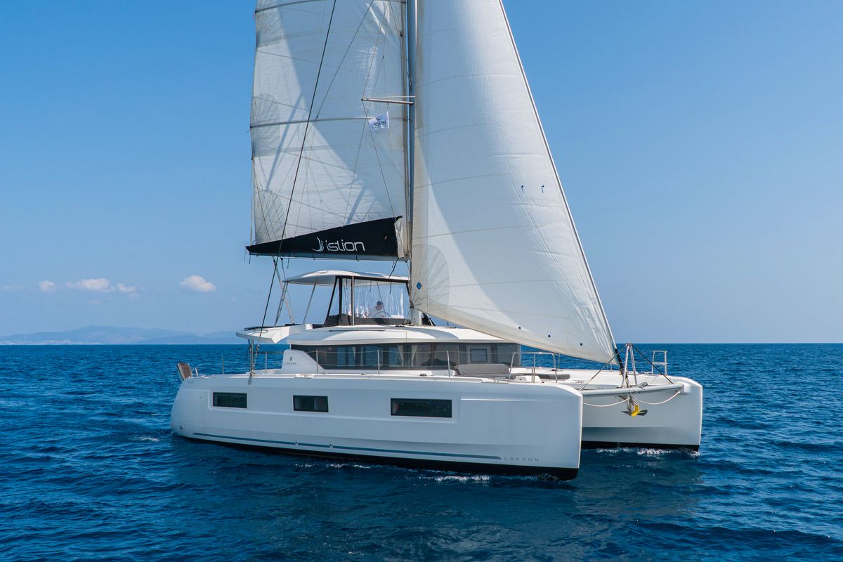 Exterior view of Pegasus, a Lagoon 46 catamaran at Kos, Greece