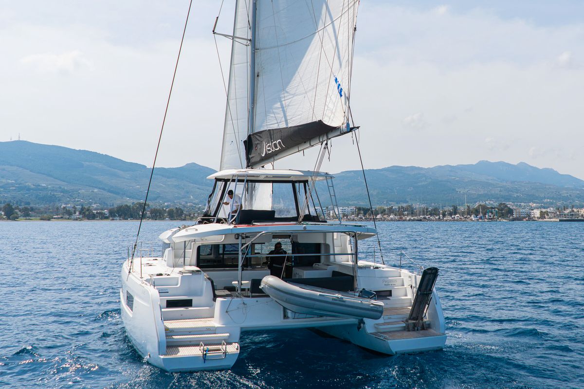 Exterior view of Pegasus, a Lagoon 46 catamaran at Kos, Greece
