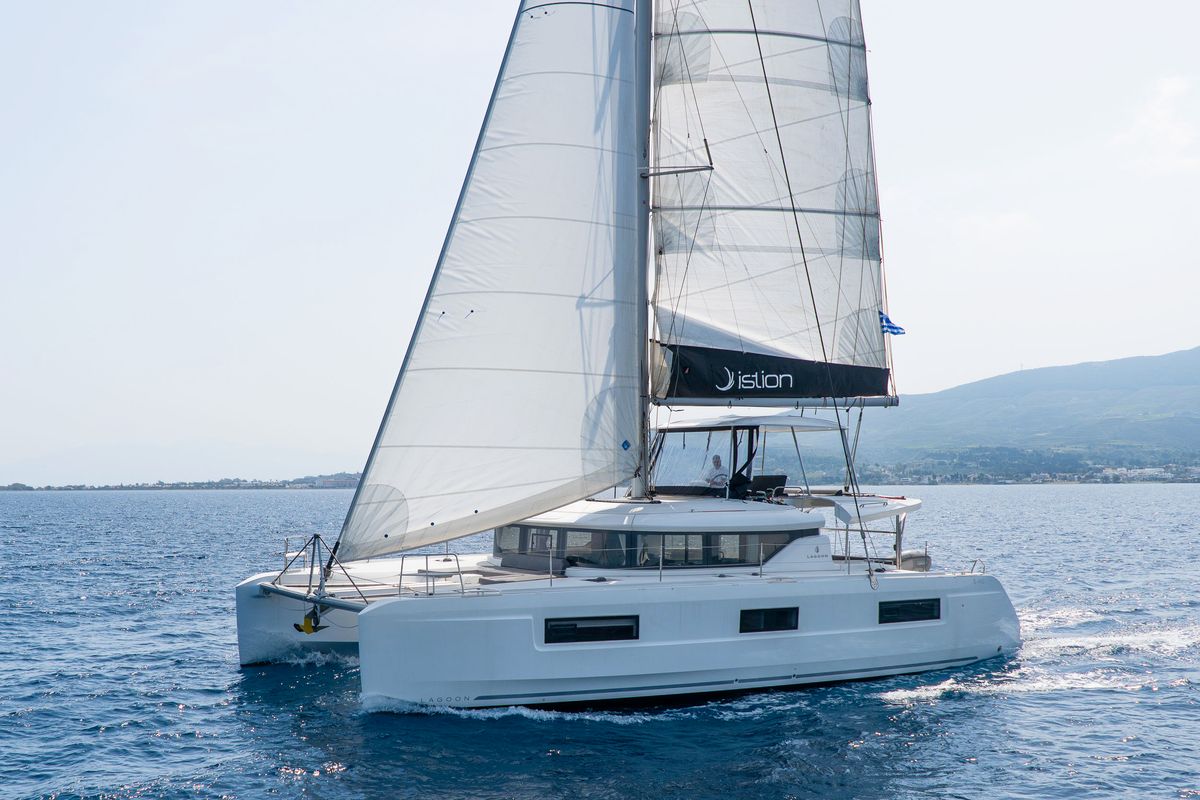 Exterior view of Pegasus, a Lagoon 46 catamaran at Kos, Greece