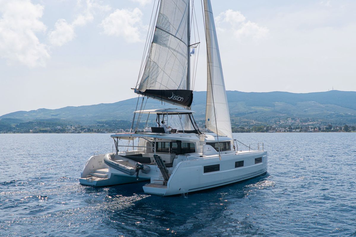 Exterior view of Pegasus, a Lagoon 46 catamaran at Kos, Greece