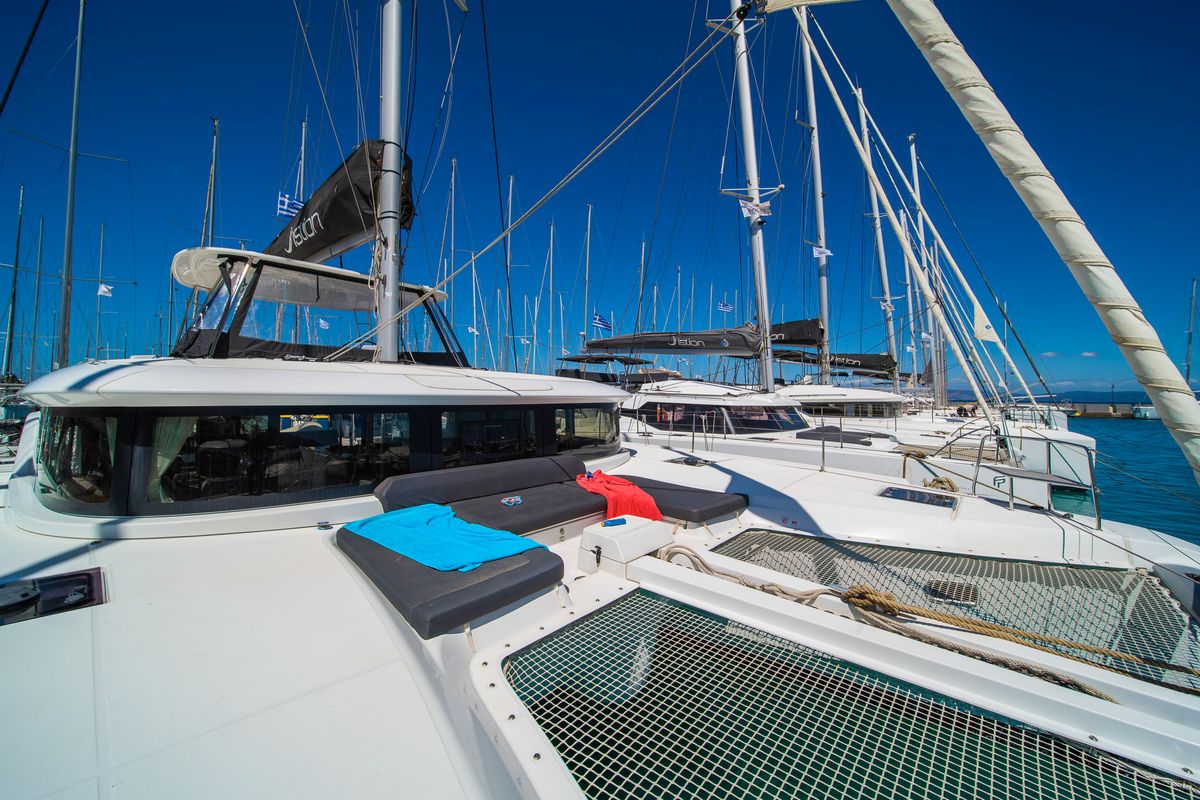 Deck of Pegasus, a Lagoon 46 catamaran at Kos, Greece