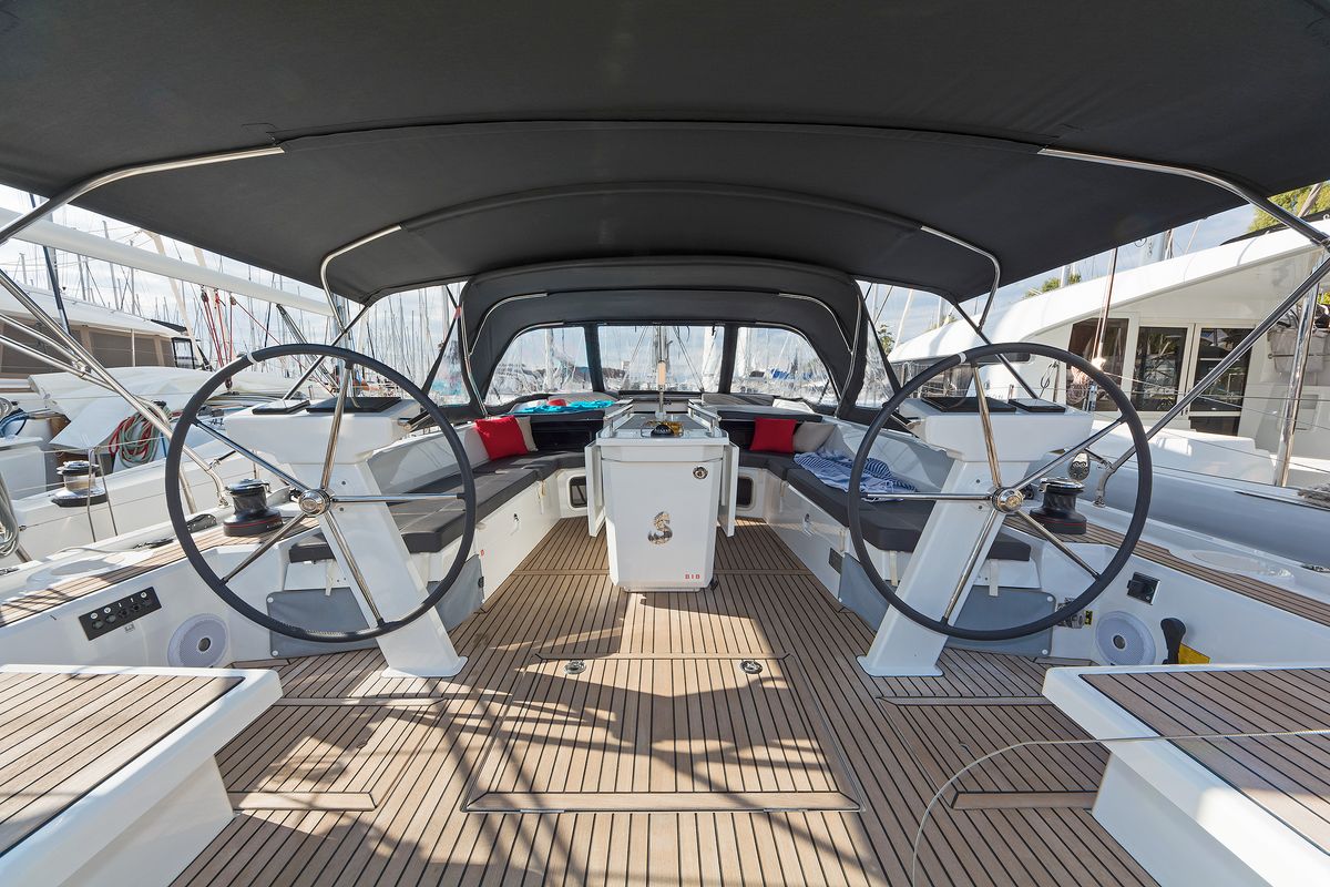 Cockpit of Cuba Libre, a Beneteau Oceanis 51.1 sailboat at Municipal Unit of Rhodes, Greece