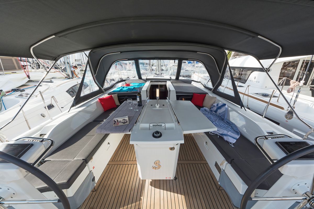 Cockpit of Cuba Libre, a Beneteau Oceanis 51.1 sailboat at Municipal Unit of Rhodes, Greece