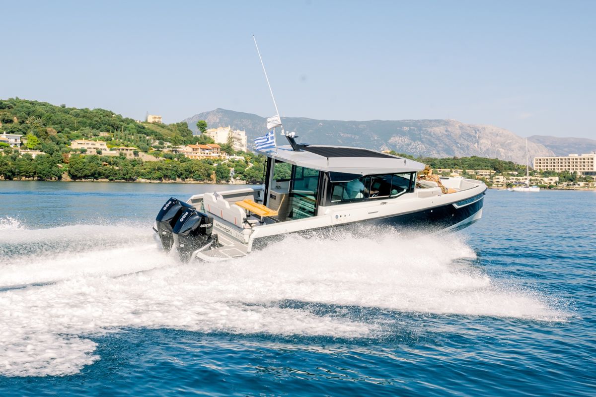 Exterior view of Serendipity, a Saxdor Yachts Saxdor 320 GTC motorboat at Gouvia, Greece