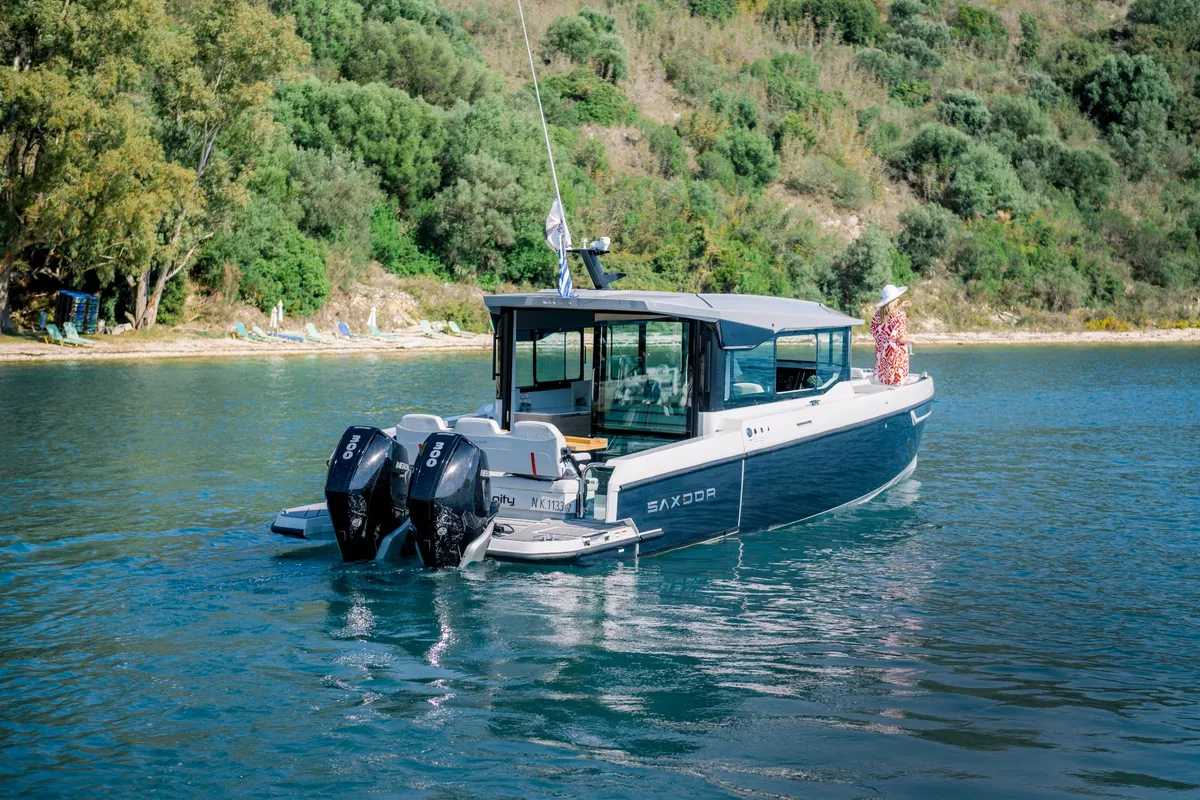 Exterior view of Serendipity, a Saxdor Yachts Saxdor 320 GTC motorboat at Gouvia, Greece