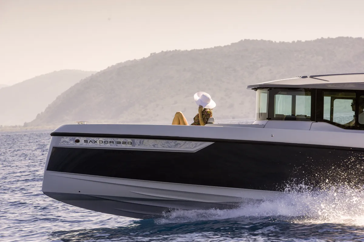 Exterior view of Serendipity, a Saxdor Yachts Saxdor 320 GTC motorboat at Gouvia, Greece