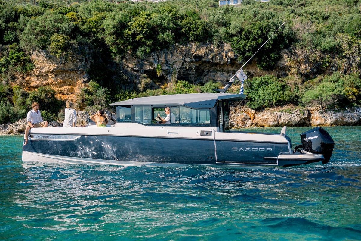 Exterior view of Serendipity, a Saxdor Yachts Saxdor 320 GTC motorboat at Gouvia, Greece