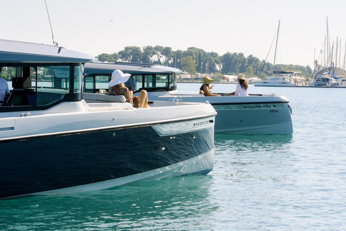 Exterior view of Serendipity, a Saxdor Yachts Saxdor 320 GTC motorboat at Gouvia, Greece