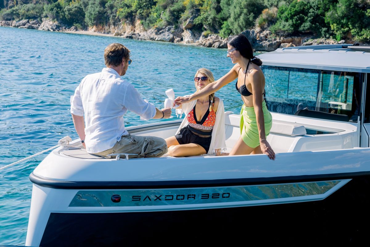 Exterior view of Serendipity, a Saxdor Yachts Saxdor 320 GTC motorboat at Gouvia, Greece