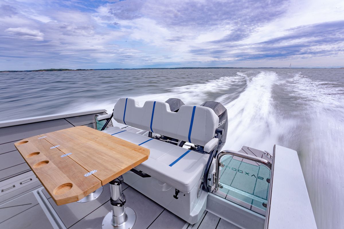Deck of Serendipity, a Saxdor Yachts Saxdor 320 GTC motorboat at Gouvia, Greece