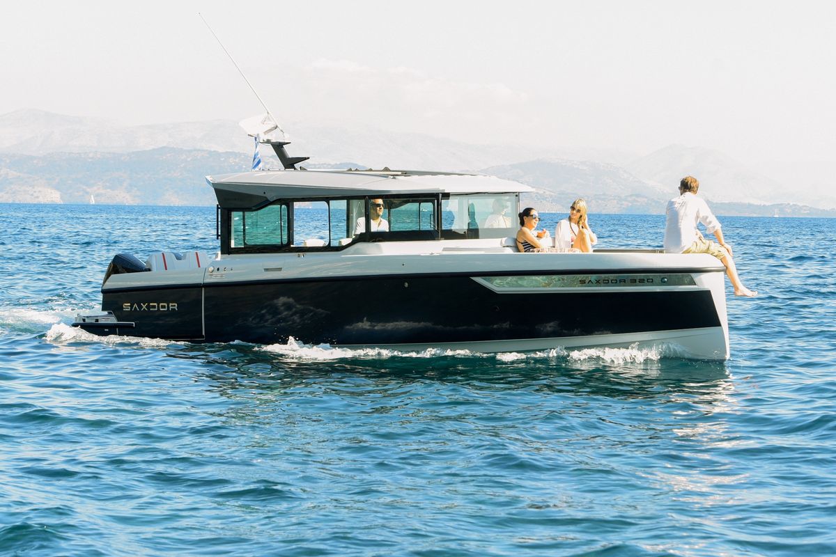 Exterior view of Serendipity, a Saxdor Yachts Saxdor 320 GTC motorboat at Gouvia, Greece