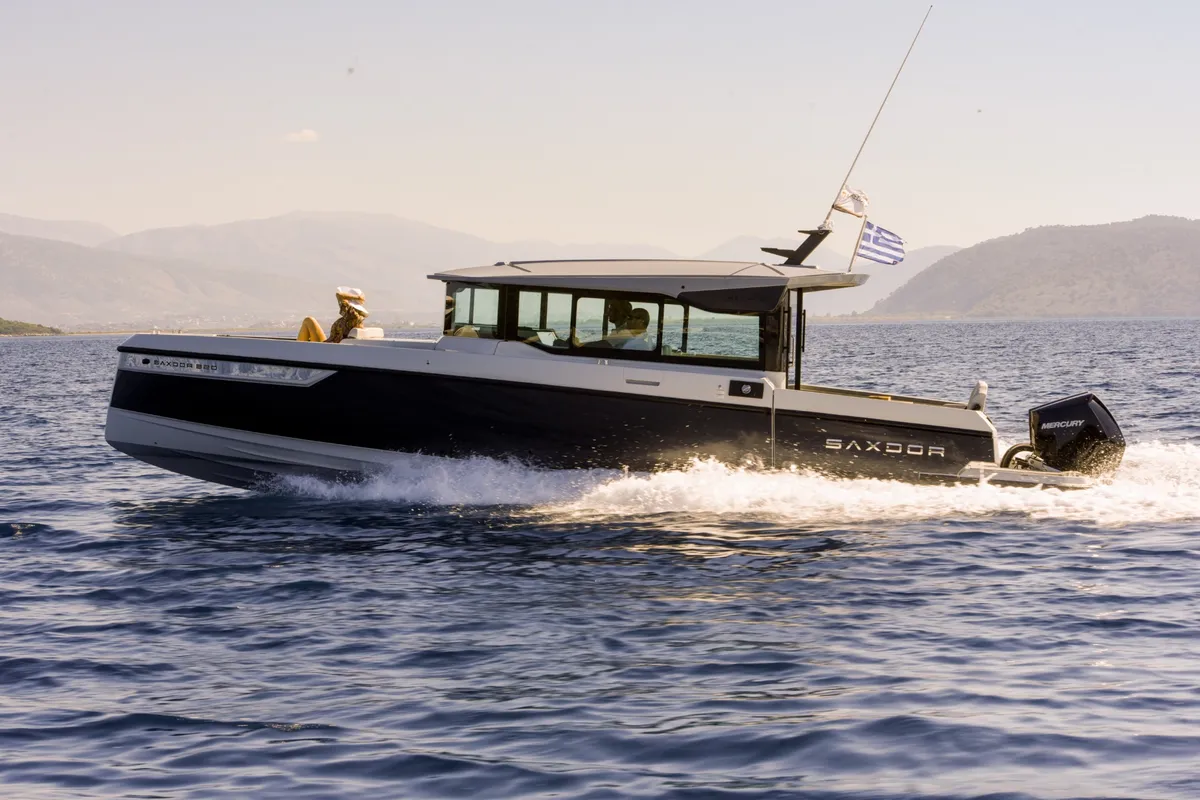 Exterior view of Serendipity, a Saxdor Yachts Saxdor 320 GTC motorboat at Gouvia, Greece