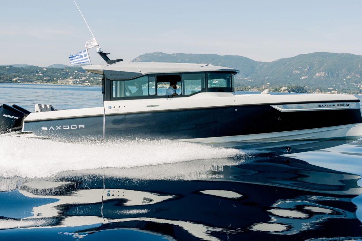 Exterior view of Serendipity, a Saxdor Yachts Saxdor 320 GTC motorboat at Gouvia, Greece