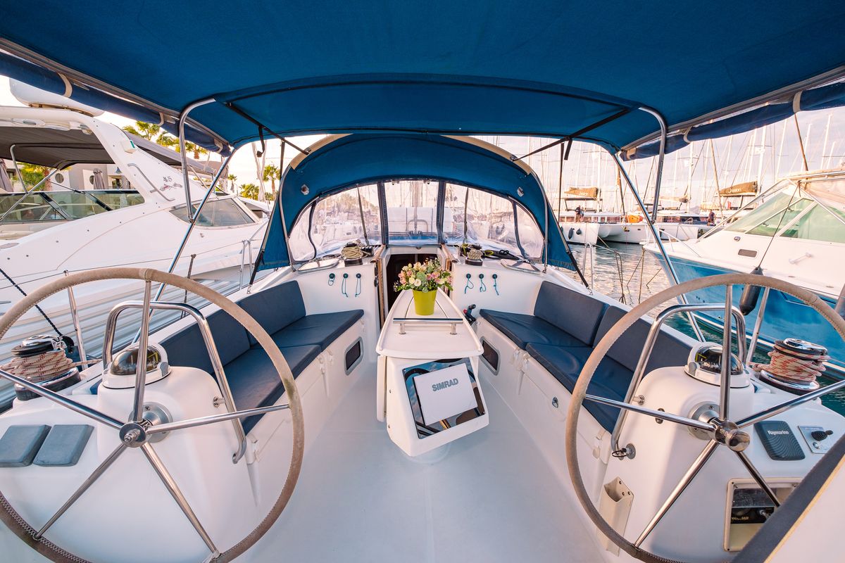 Cockpit of Belamour, a Beneteau Oceanis 43 sailboat at Kos, Greece