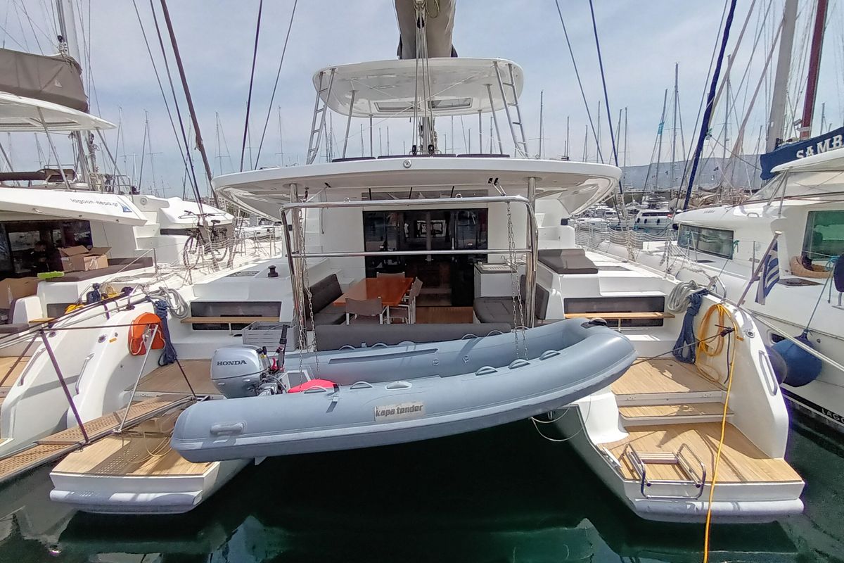 Exterior view of Icarus, a Lagoon 50 catamaran at Athens, Greece