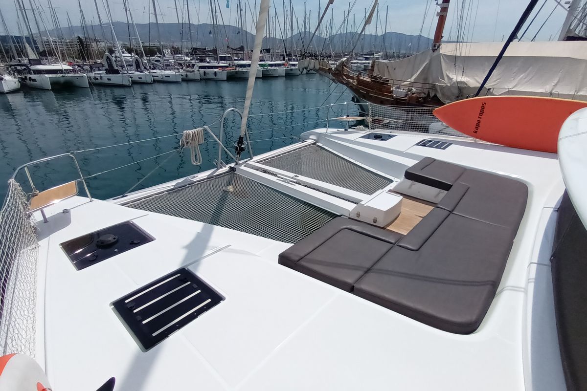 Exterior view of Icarus, a Lagoon 50 catamaran at Athens, Greece
