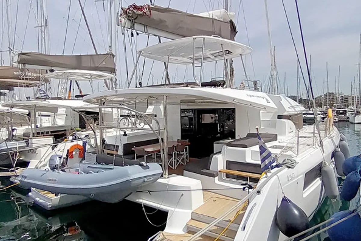 Exterior view of Icarus, a Lagoon 50 catamaran at Athens, Greece