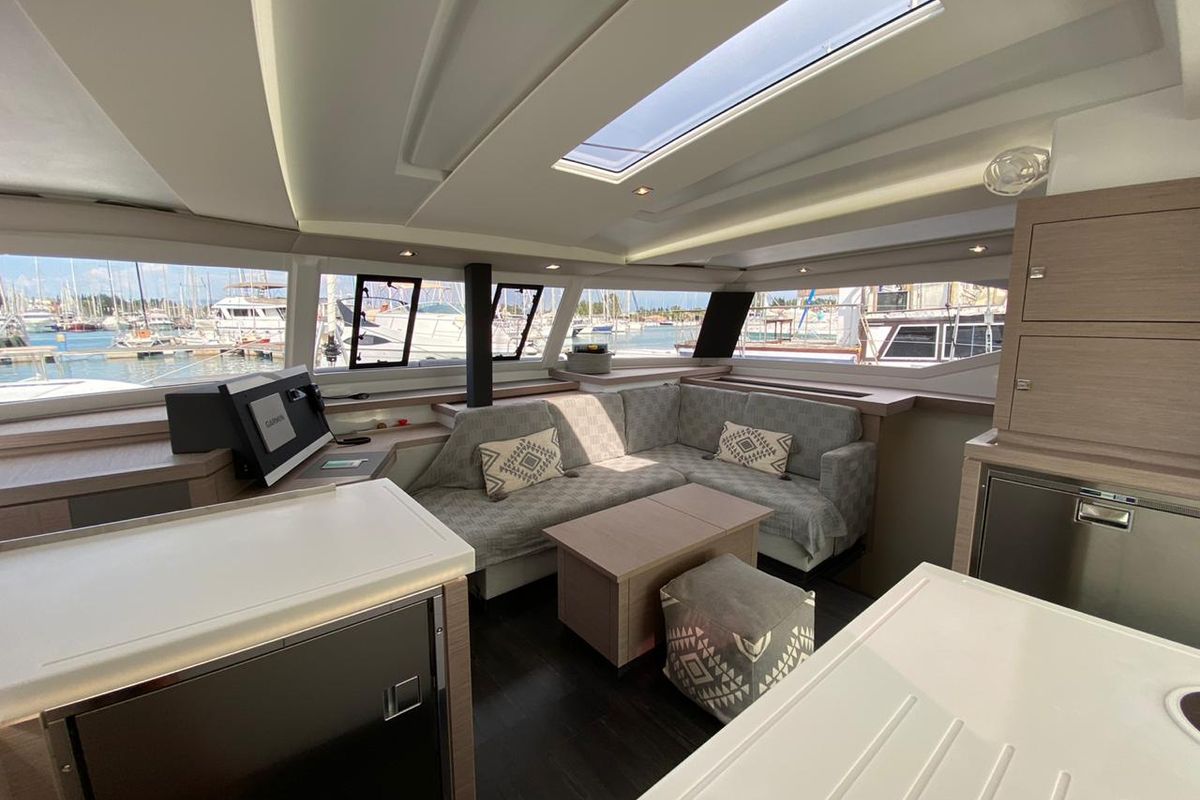 Salon of Ooga Chaka, a Fountaine Pajot Astrea 42 catamaran at Sithonia Municipal Unit, Greece