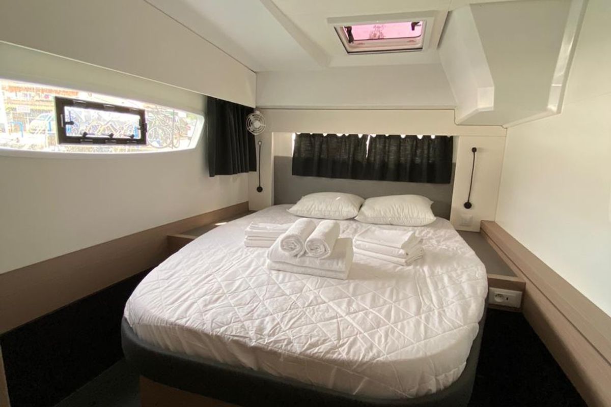 Cabin on Ooga Chaka, a Fountaine Pajot Astrea 42 catamaran at Sithonia Municipal Unit, Greece