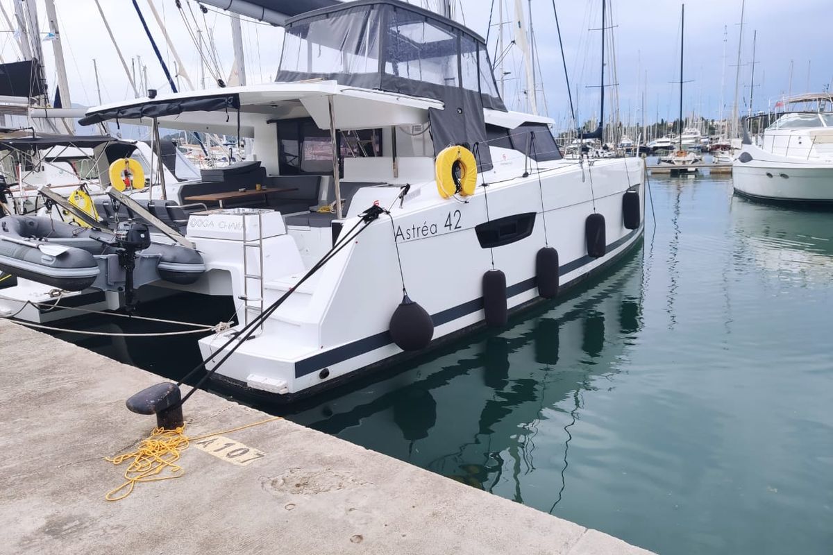 Exterior view of Ooga Chaka, a Fountaine Pajot Astrea 42 catamaran at Sithonia Municipal Unit, Greece