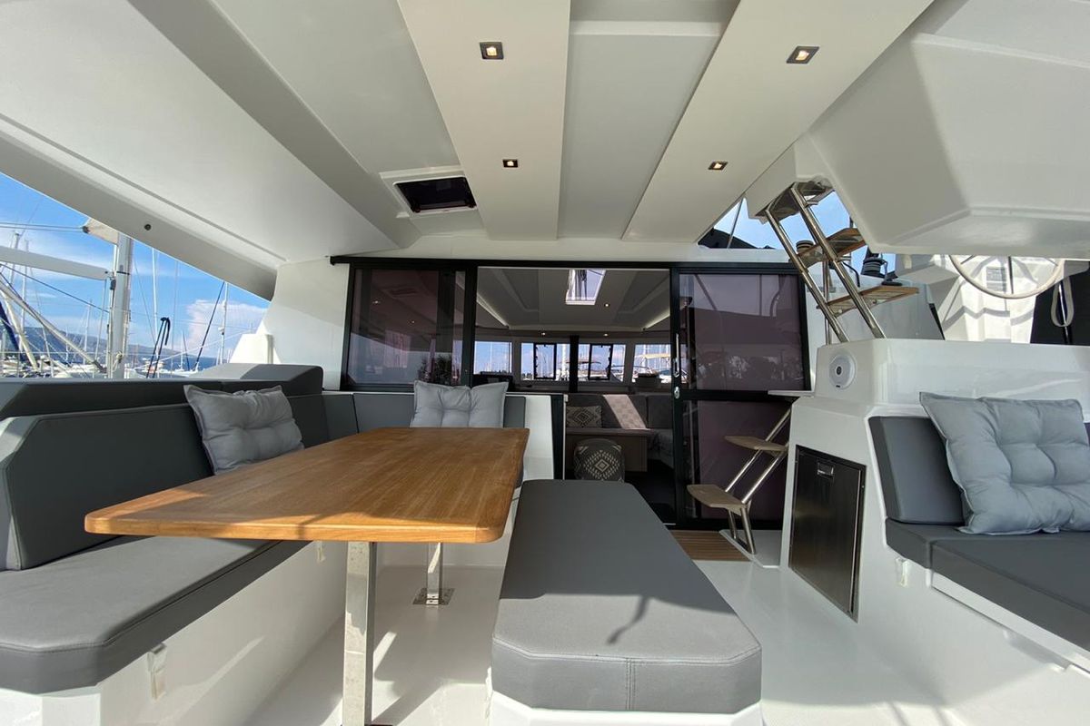 Deck of Ooga Chaka, a Fountaine Pajot Astrea 42 catamaran at Sithonia Municipal Unit, Greece