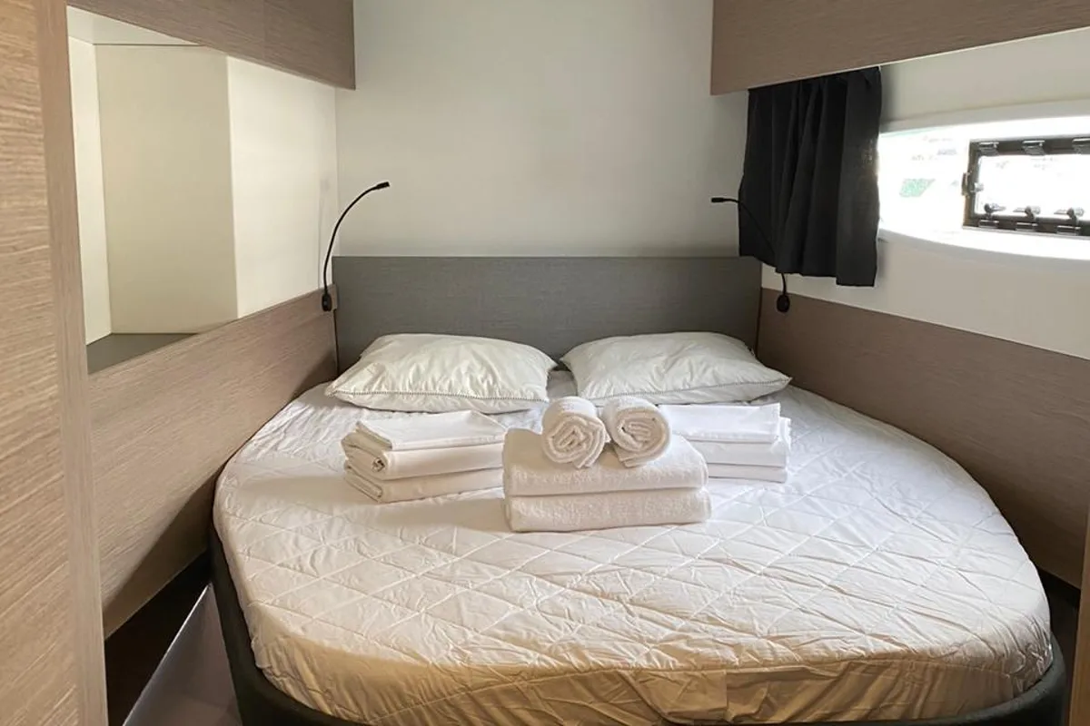 Cabin on Ooga Chaka, a Fountaine Pajot Astrea 42 catamaran at Sithonia Municipal Unit, Greece