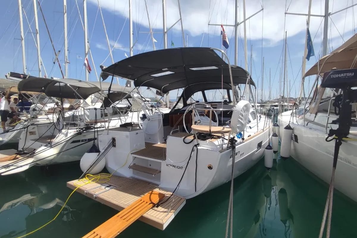 Exterior view of Moonlight, a Elan Impression 45.1 sailboat at Grad Trogir, Croatia
