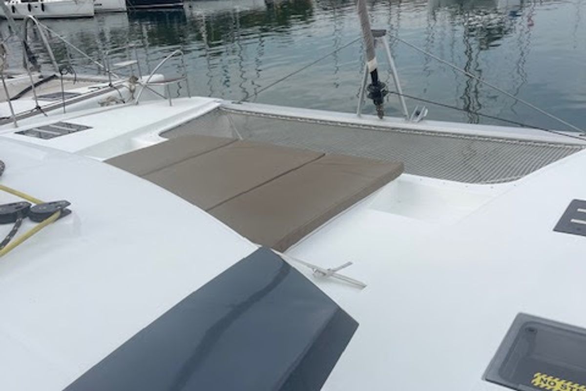 Deck of Red Rose, a Fountaine Pajot Saona 47 Quintet catamaran at Agios Stefanos, Greece