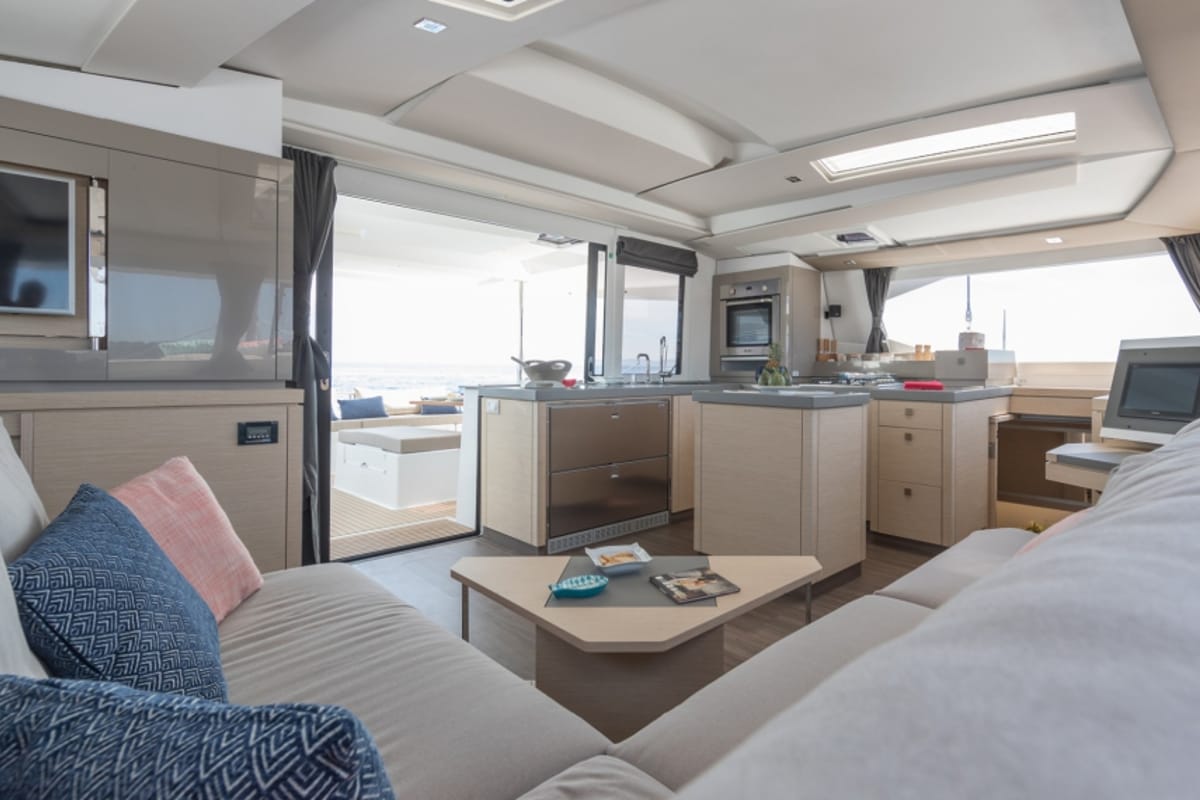 Galley of Red Rose, a Fountaine Pajot Saona 47 Quintet catamaran at Agios Stefanos, Greece