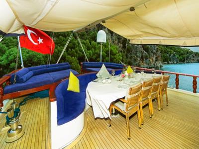 Deck of Perla del Mar 2, a Gulet Gulet gulet at Marmaris, Turkey