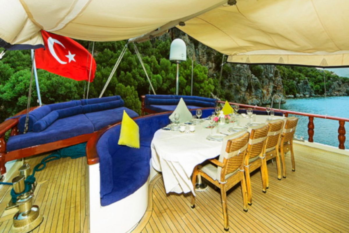 Deck of Perla del Mar 2, a Gulet Gulet gulet at Marmaris, Turkey
