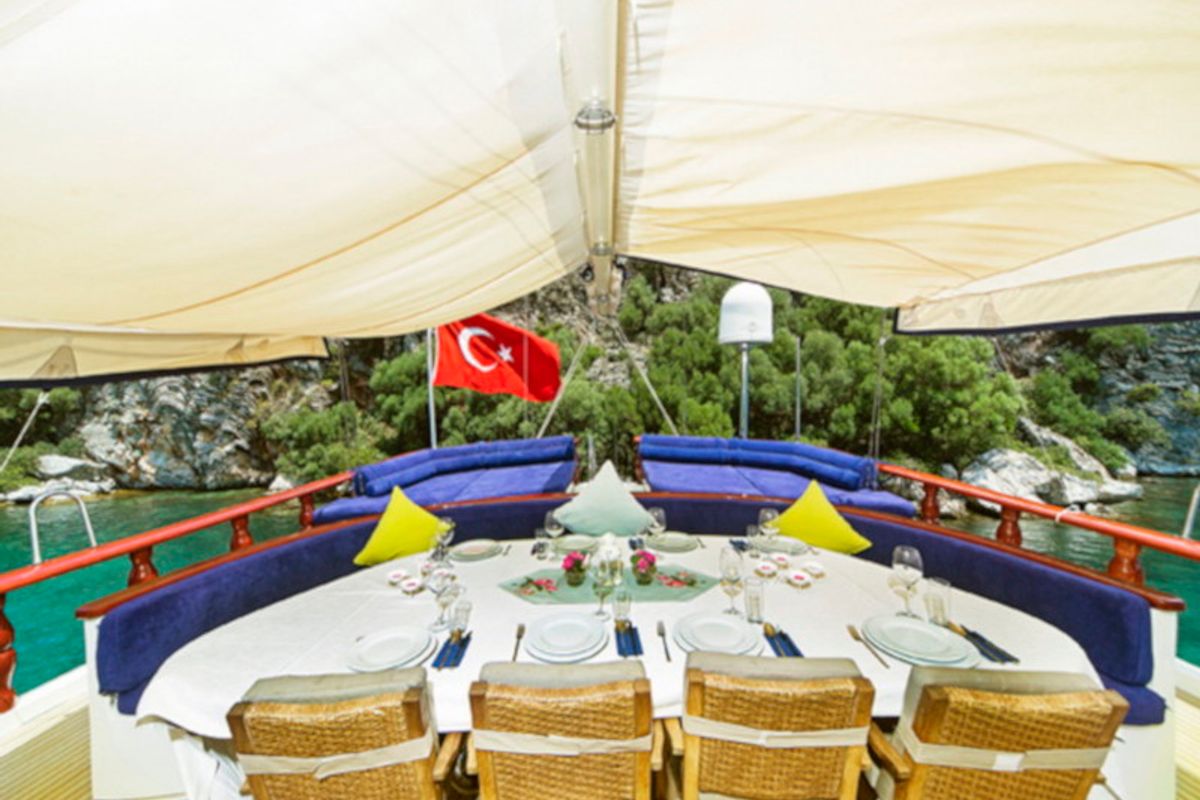 Deck of Perla del Mar 2, a Gulet Gulet gulet at Marmaris, Turkey