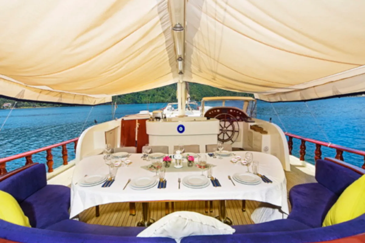 Deck of Perla del Mar 2, a Gulet Gulet gulet at Marmaris, Turkey
