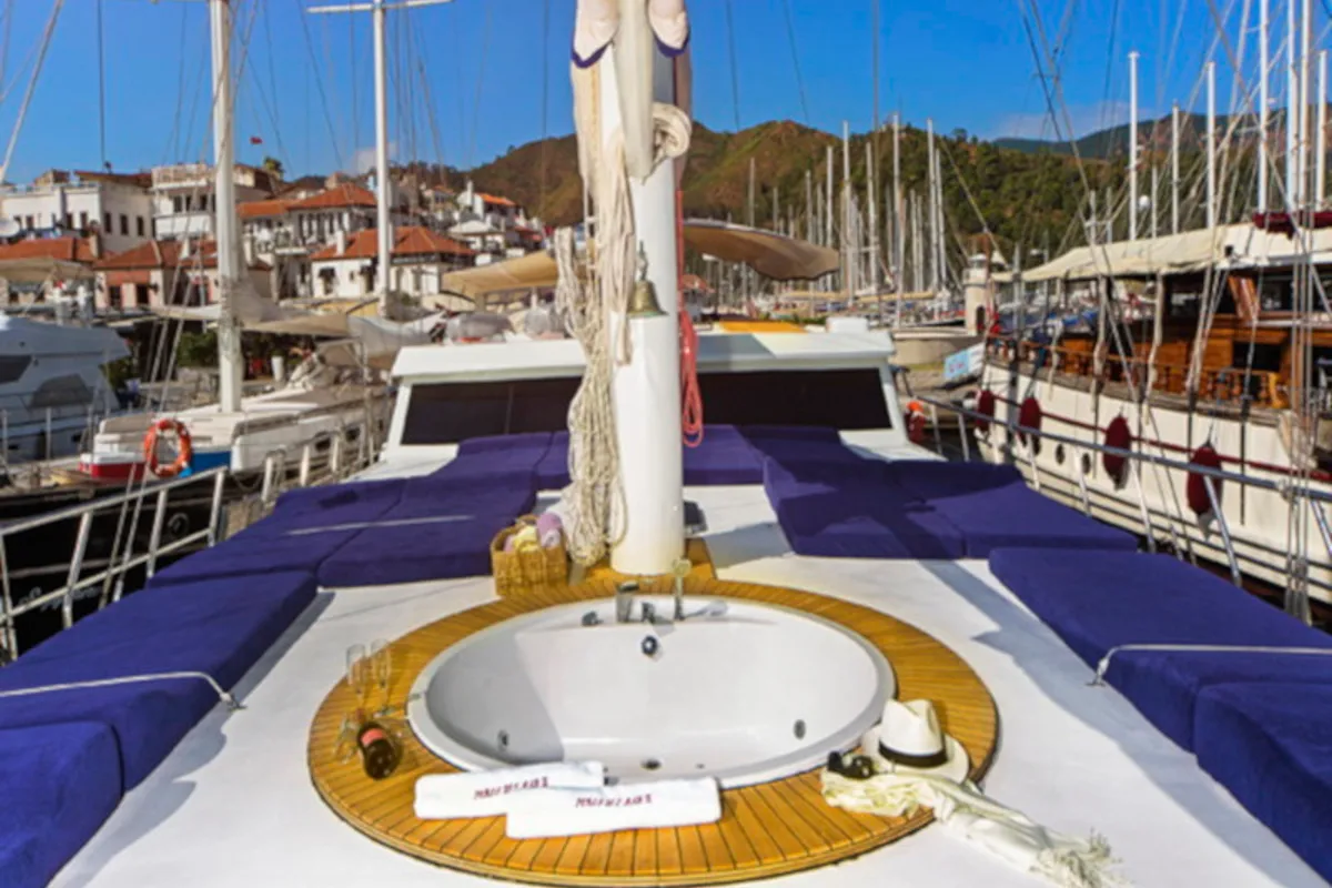 Deck of Perla del Mar 2, a Gulet Gulet gulet at Marmaris, Turkey