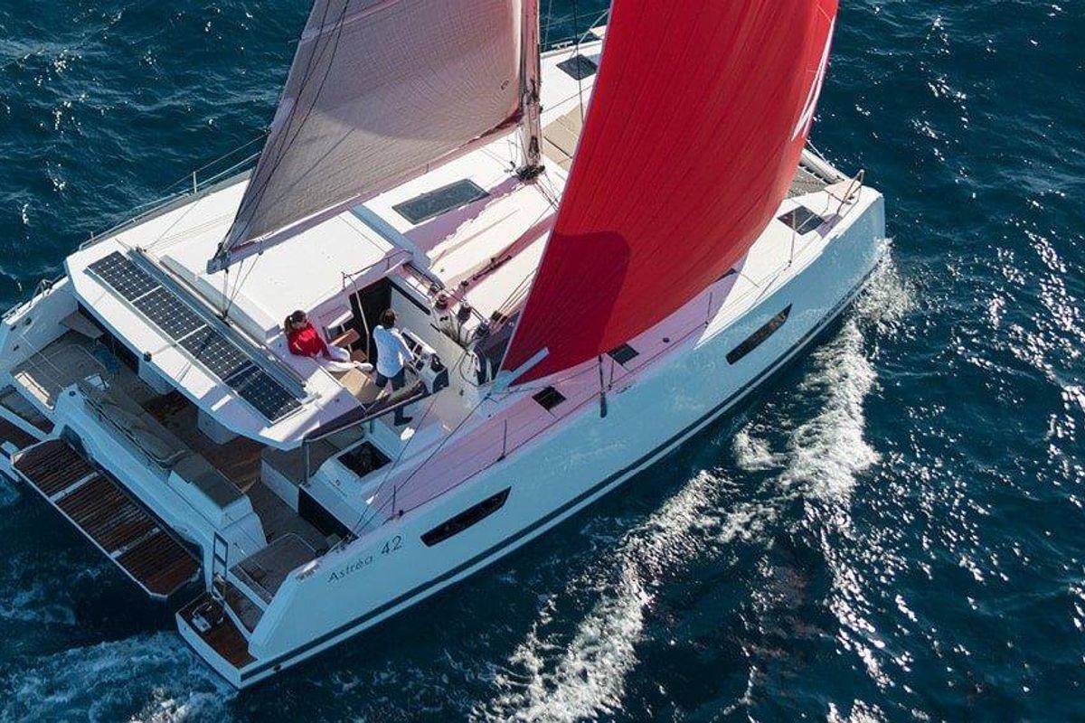 Exterior view of Pleasant Arbour, a Fountaine Pajot Astrea 42 catamaran at Road Town, British Virgin Islands
