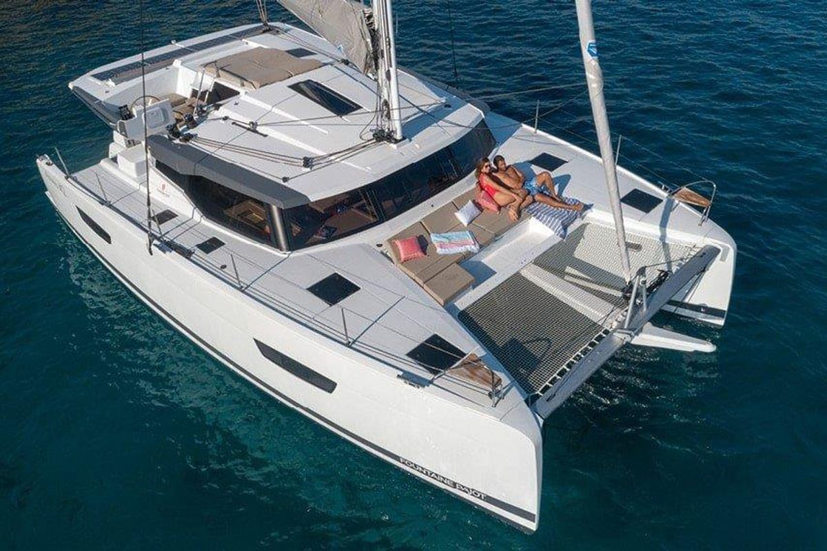 Exterior view of Pleasant Arbour, a Fountaine Pajot Astrea 42 catamaran at Road Town, British Virgin Islands