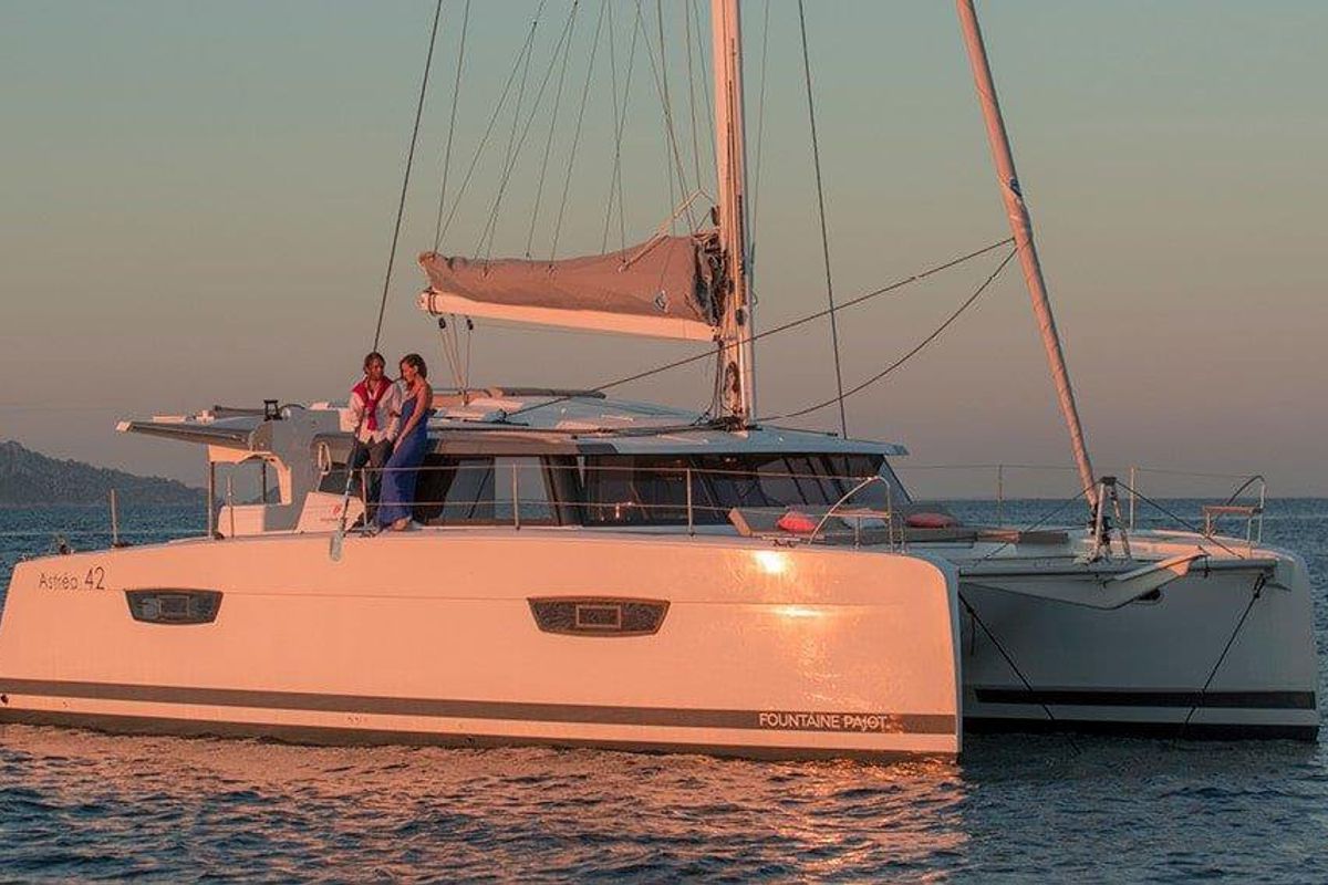 Exterior view of Pleasant Arbour, a Fountaine Pajot Astrea 42 catamaran at Road Town, British Virgin Islands