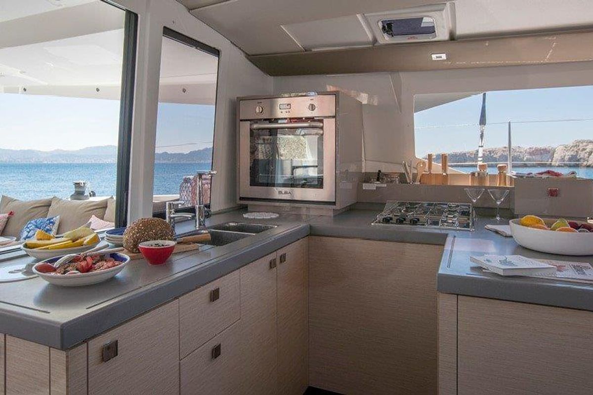 Galley of Pleasant Arbour, a Fountaine Pajot Astrea 42 catamaran at Road Town, British Virgin Islands