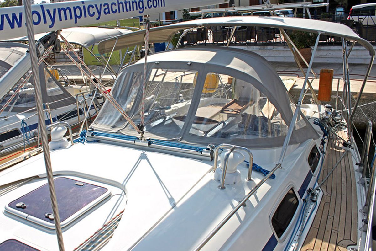 Deck of Aristoteles, a Bavaria 38 Cruiser sailboat at Lavreotiki Municipal Unit, Greece