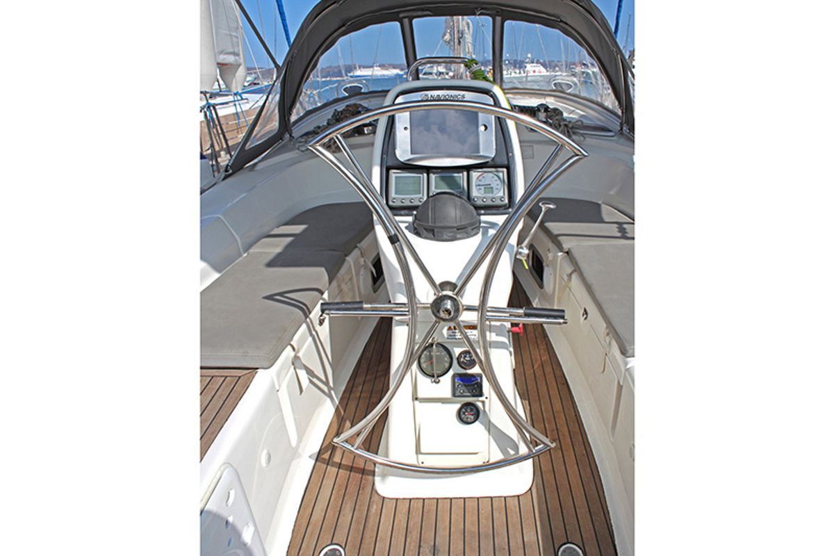 Cockpit of Aristoteles, a Bavaria 38 Cruiser sailboat at Lavreotiki Municipal Unit, Greece