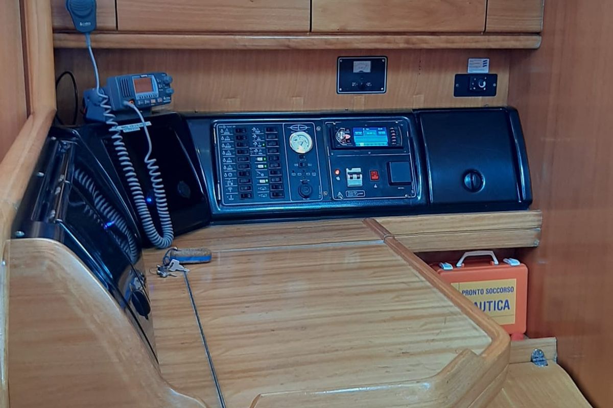 Cockpit of Pošip, a Bavaria 42 Cruiser sailboat at Grad Trogir, Croatia