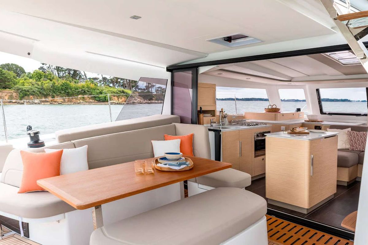 Deck of Agios Ephraim, a Fountaine Pajot FP 41 catamaran at Lavreotiki Municipal Unit, Greece