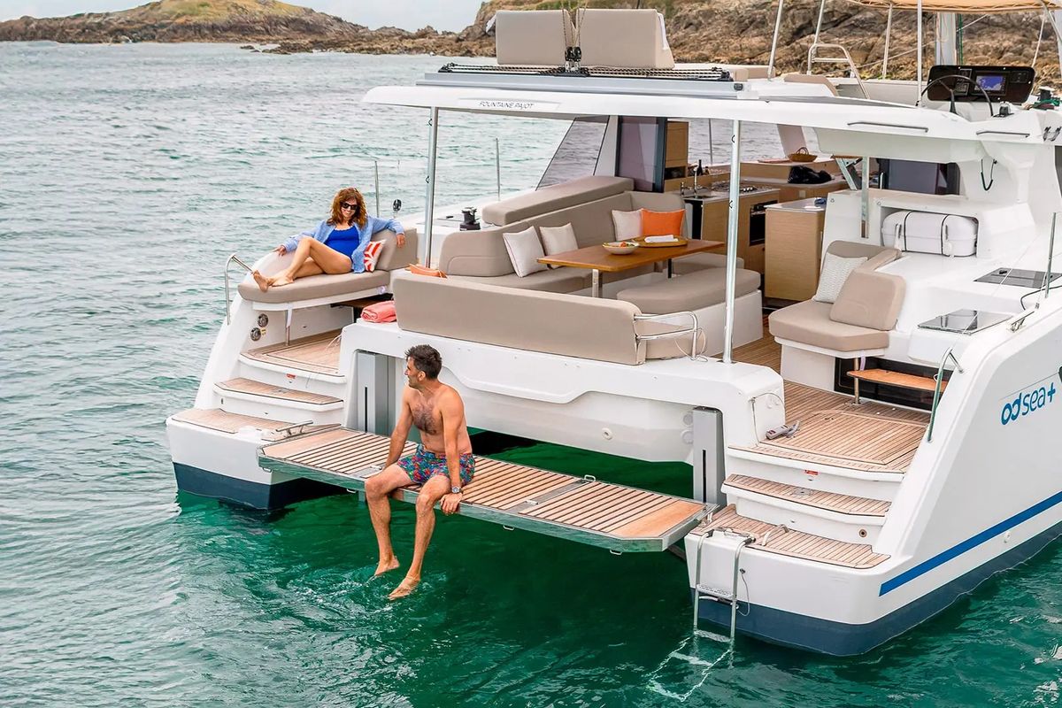 Exterior view of Agios Ephraim, a Fountaine Pajot FP 41 catamaran at Lavreotiki Municipal Unit, Greece