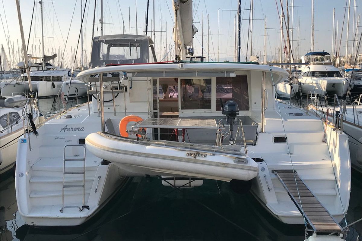 Exterior view of Aurora, a Lagoon 400 catamaran at Athens, Greece