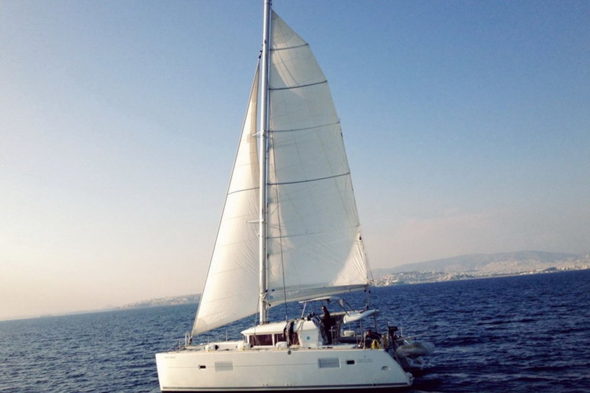 Exterior view of Aurora, a Lagoon 400 catamaran at Athens, Greece