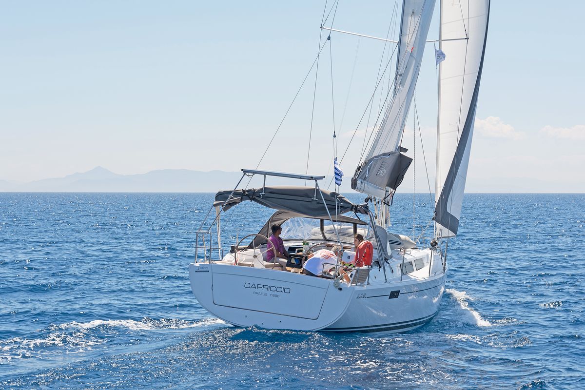 Exterior view of Capriccio, a Hanse Yachts Hanse 385 sailboat at Lavreotiki Municipal Unit, Greece