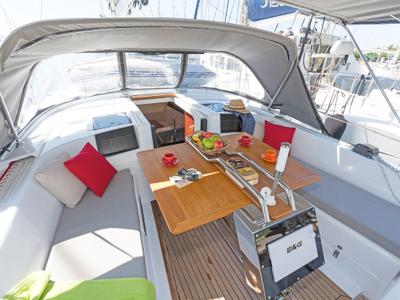 Deck of Capriccio, a Hanse Yachts Hanse 385 sailboat at Lavreotiki Municipal Unit, Greece